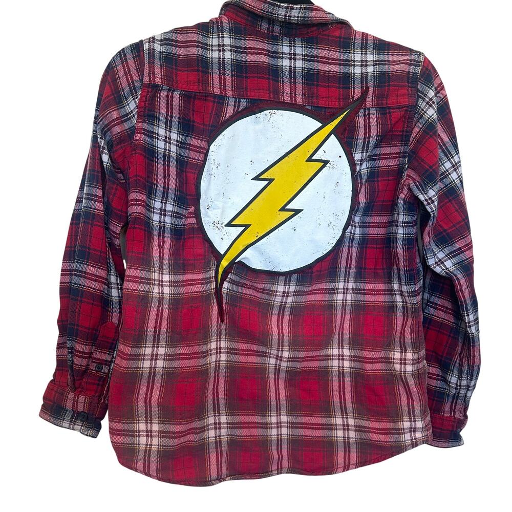 FLASH Red Plaid Flannel Shirt Kids LARGE Unique DC Comics Upcycled One of a Kind